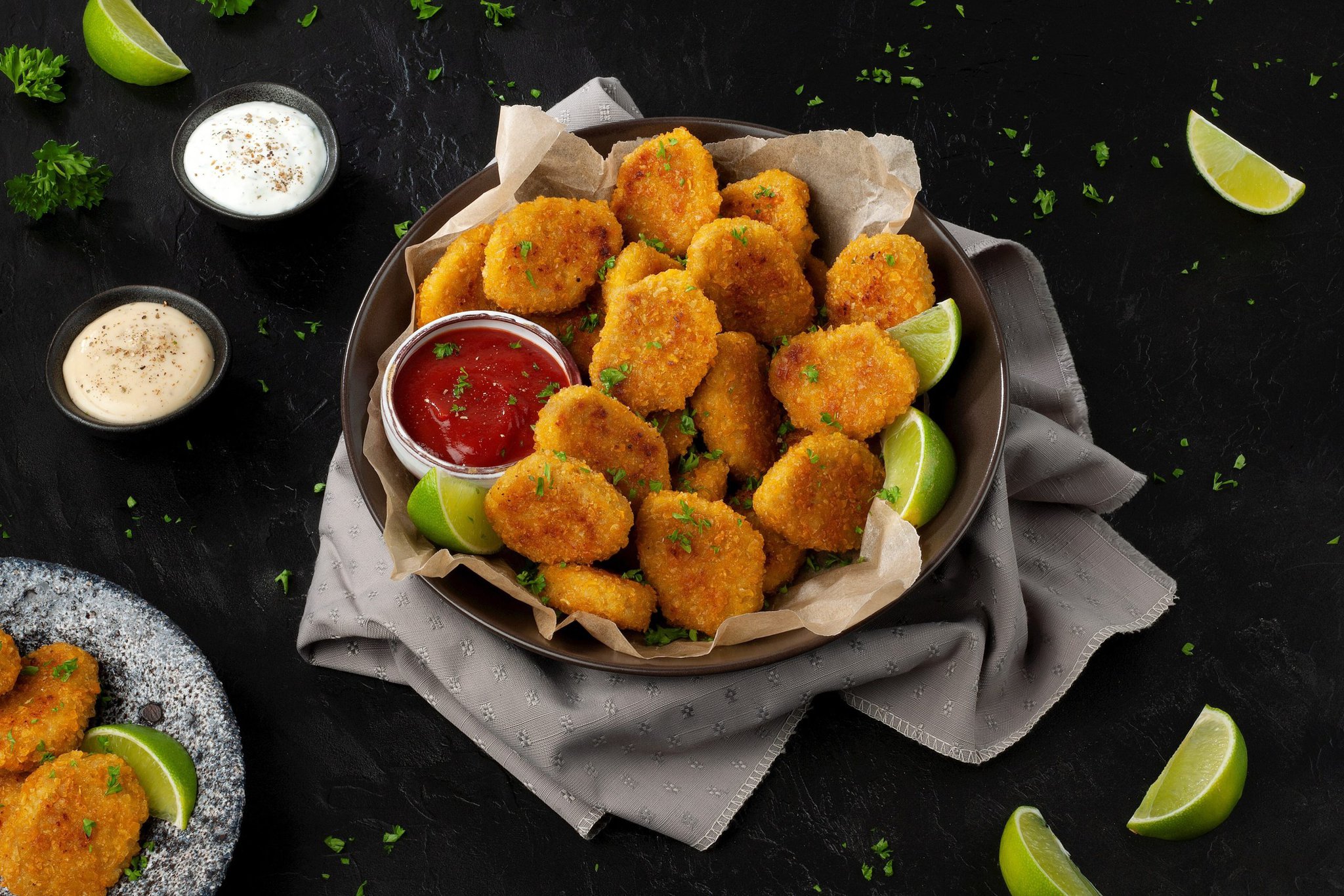 Voorgegaarde en gepaneerde veganistische nuggets op basis van plantaardige eiwitten met toegevoegd ijzer en vitamine B12. Diepvries.