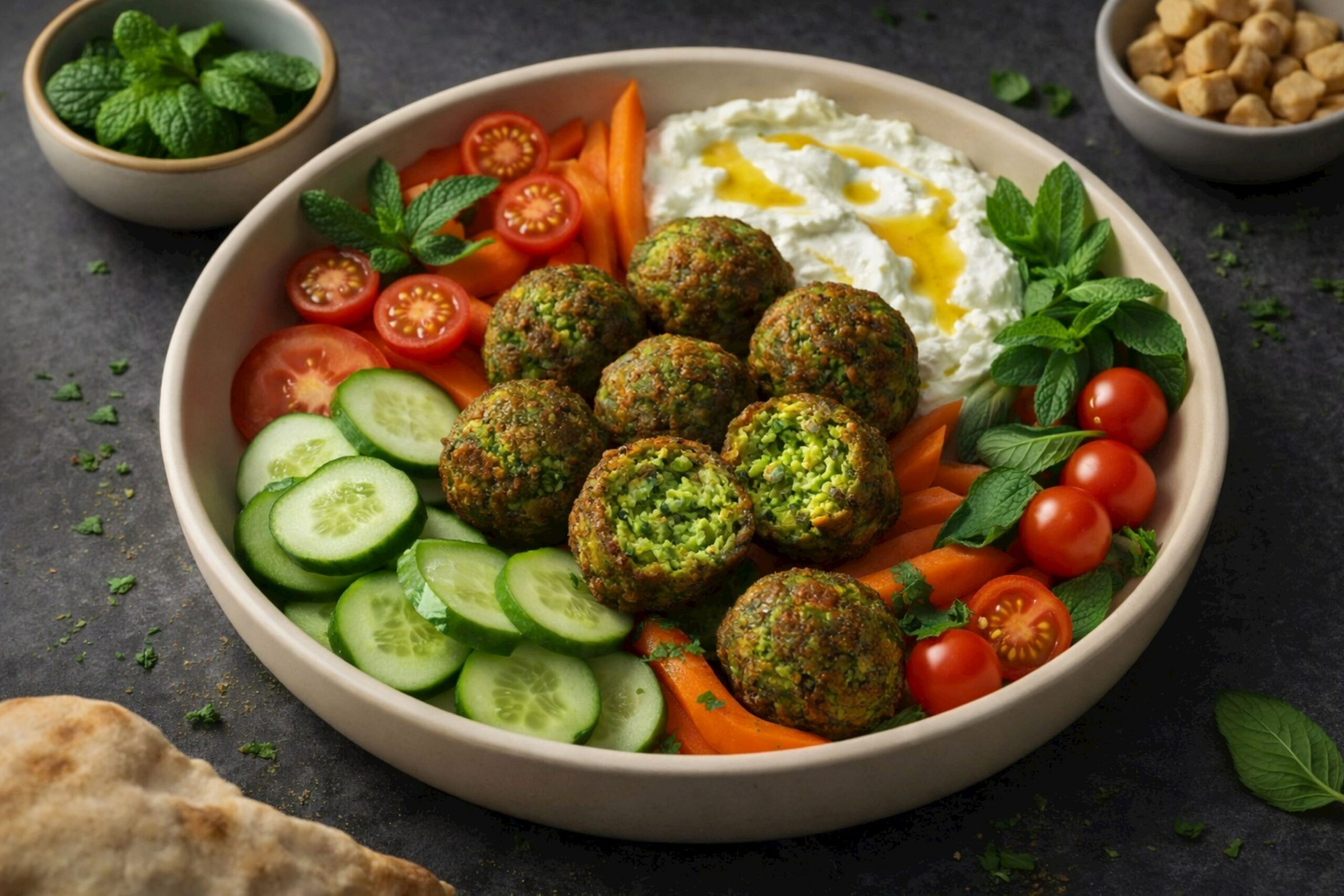 Voorgegaarde veganistische balletjes op basis van groene erwt.
