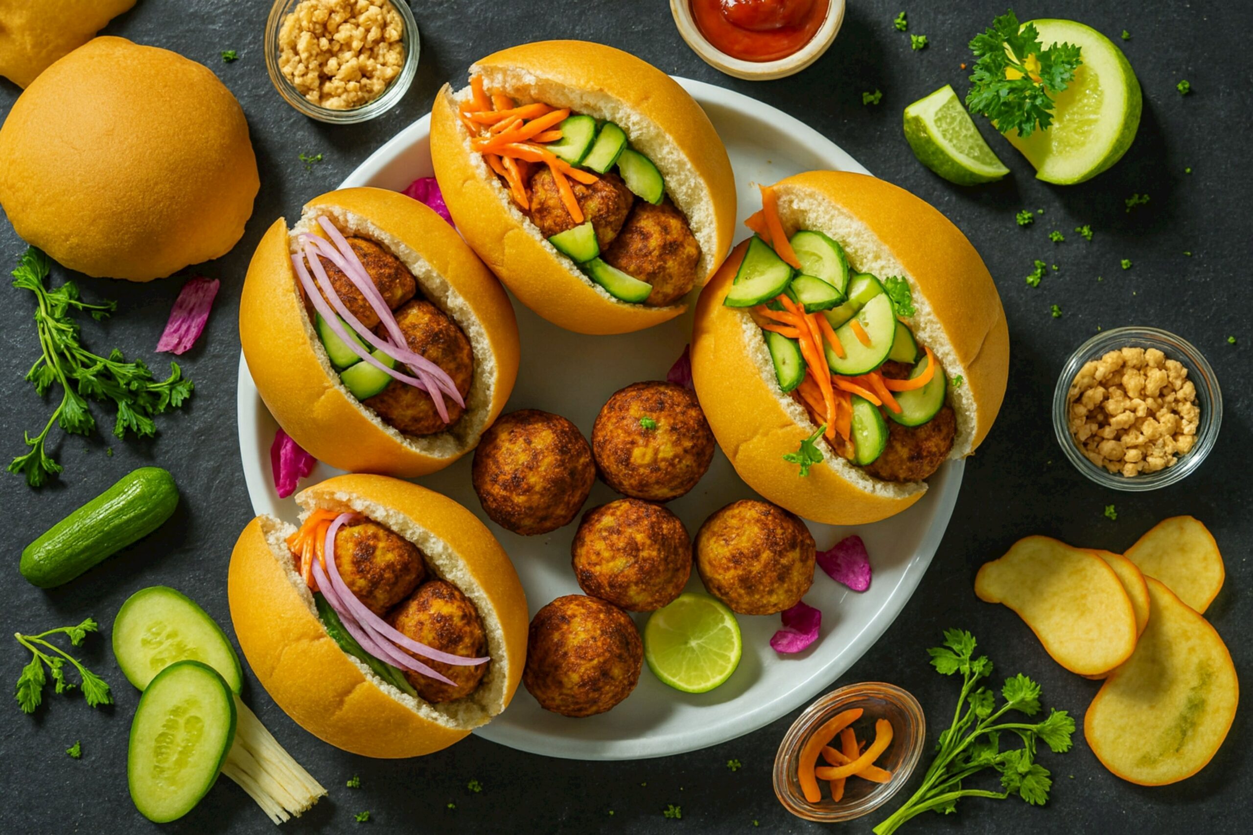 Voorgegaarde veganistische balletjes op basis van kikkererwten met 6,9% Harissa kruiden.
