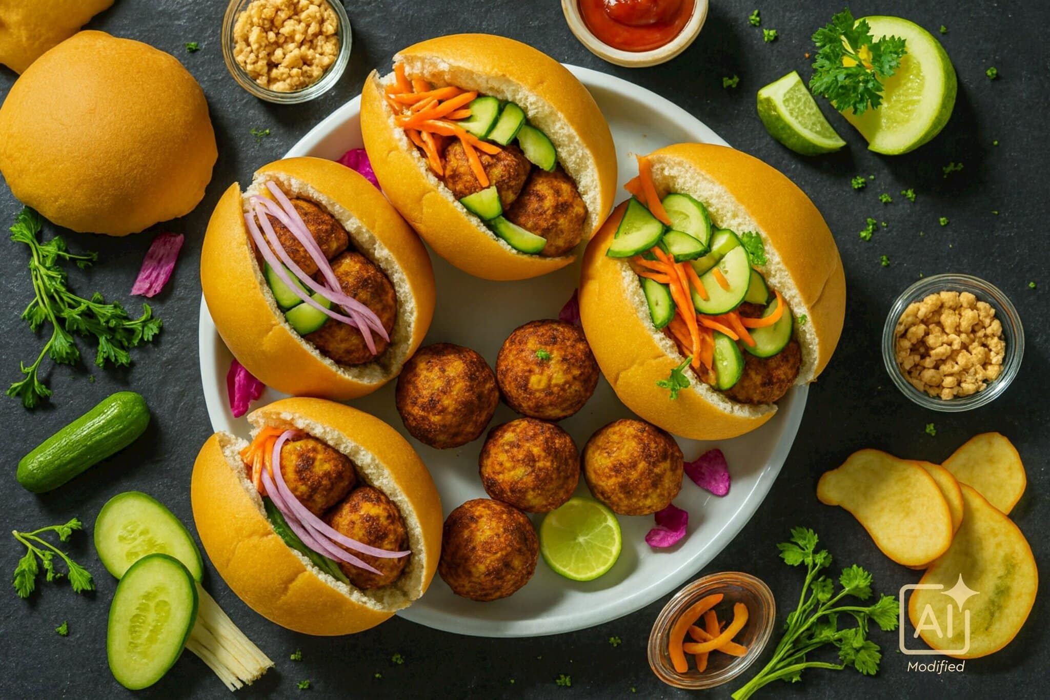 Voorgegaarde veganistische balletjes op basis van kikkererwten met 6,9% Harissa kruiden.