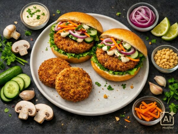 Specialist in the development of vegan and plant-based products: Vegan Crunchy Mushroom Burger