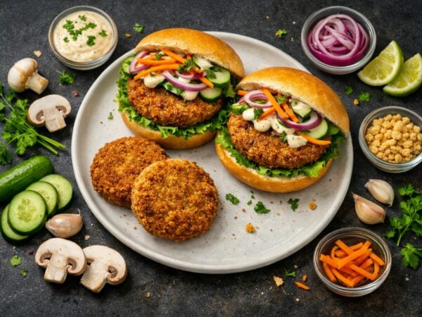 Specialist in de ontwikkeling van vegan en plant-based producten: Vegan Krokant Champignonburger