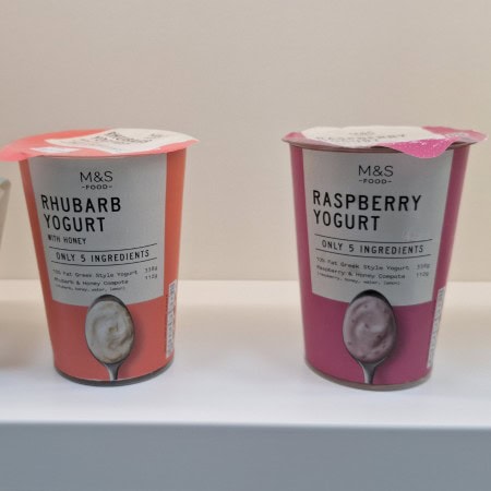 Marks & Spencer yoghurt with a short ingredient list highlighted on the front.