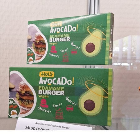 Vegan avocado edamame burger as a plant-based concept with its own flavour profile.