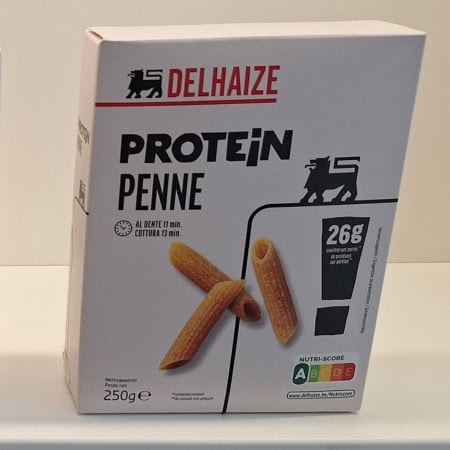 Protein penne from Delhaize as an example of added nutrition in everyday products.