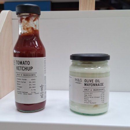 Tomato ketchup and olive oil mayonnaise with ingredients clearly shown on pack.
